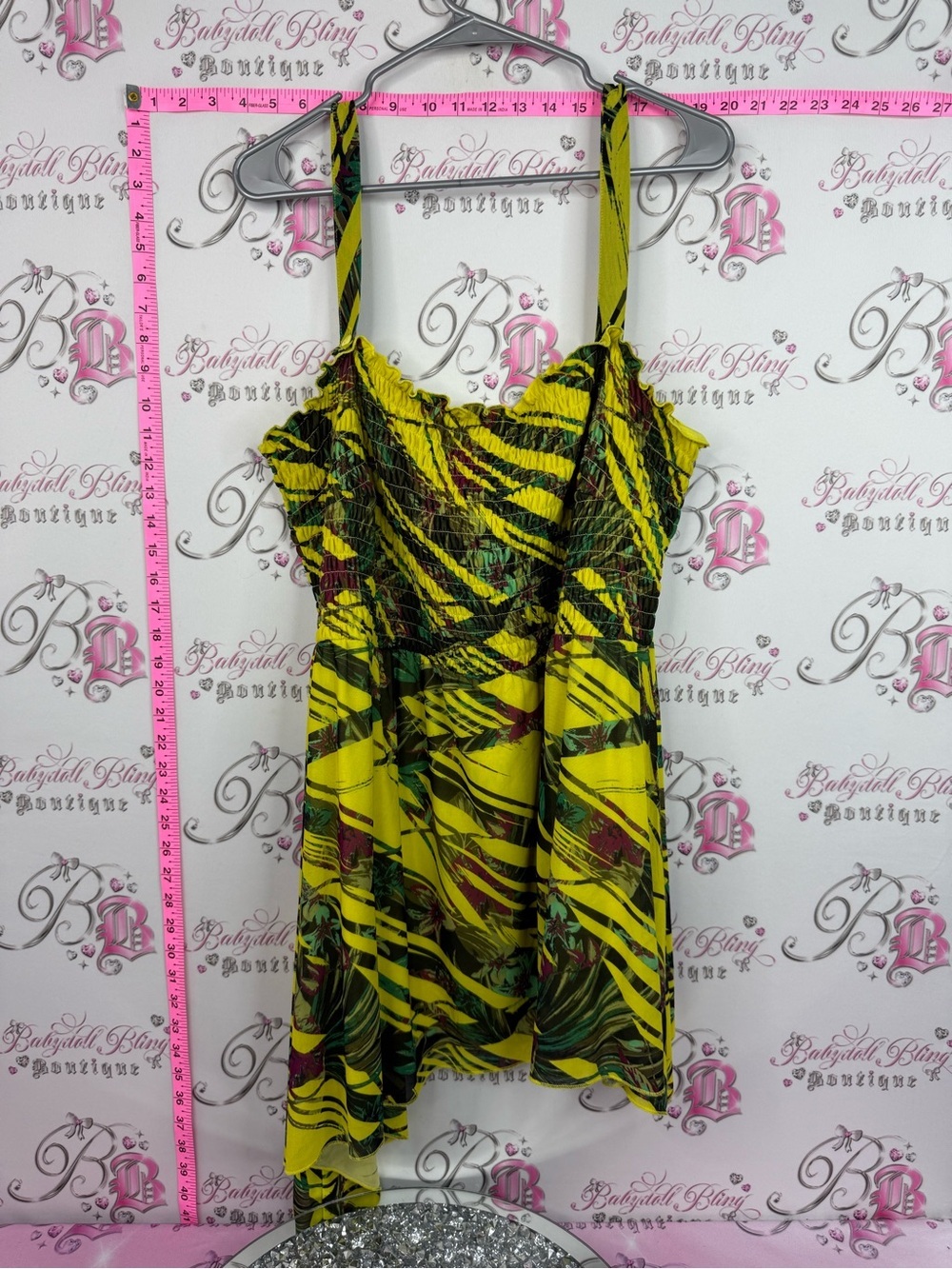 Y2k tank top Yellow Tropical Print Smocked fairy hem or mini dress